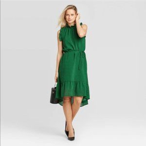 Who What Wear Micro Dot Green Ruffle Women's Dress